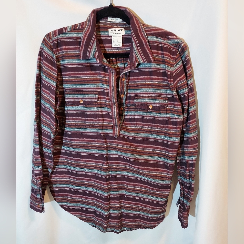 Ariat Burgundy and Teal Striped Popover 100%cotton Boho Western Shirt